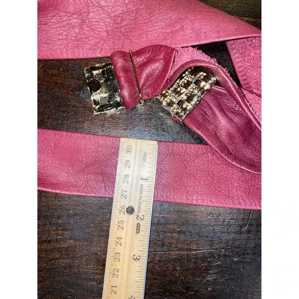 Vintage Ceinture Burgundy Leather Belt Gold Tone Woven‎ Buckle Fashion 80'